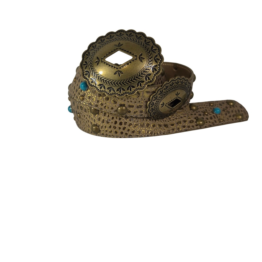 Kathy Van Zeeland Western Concho Belt Bronze Faux Croc Turquoise Studded Boho S